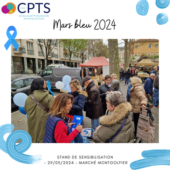 Mars bleu - Stand sur le marché pour sensibiliser au dépistage du cancer colorectal